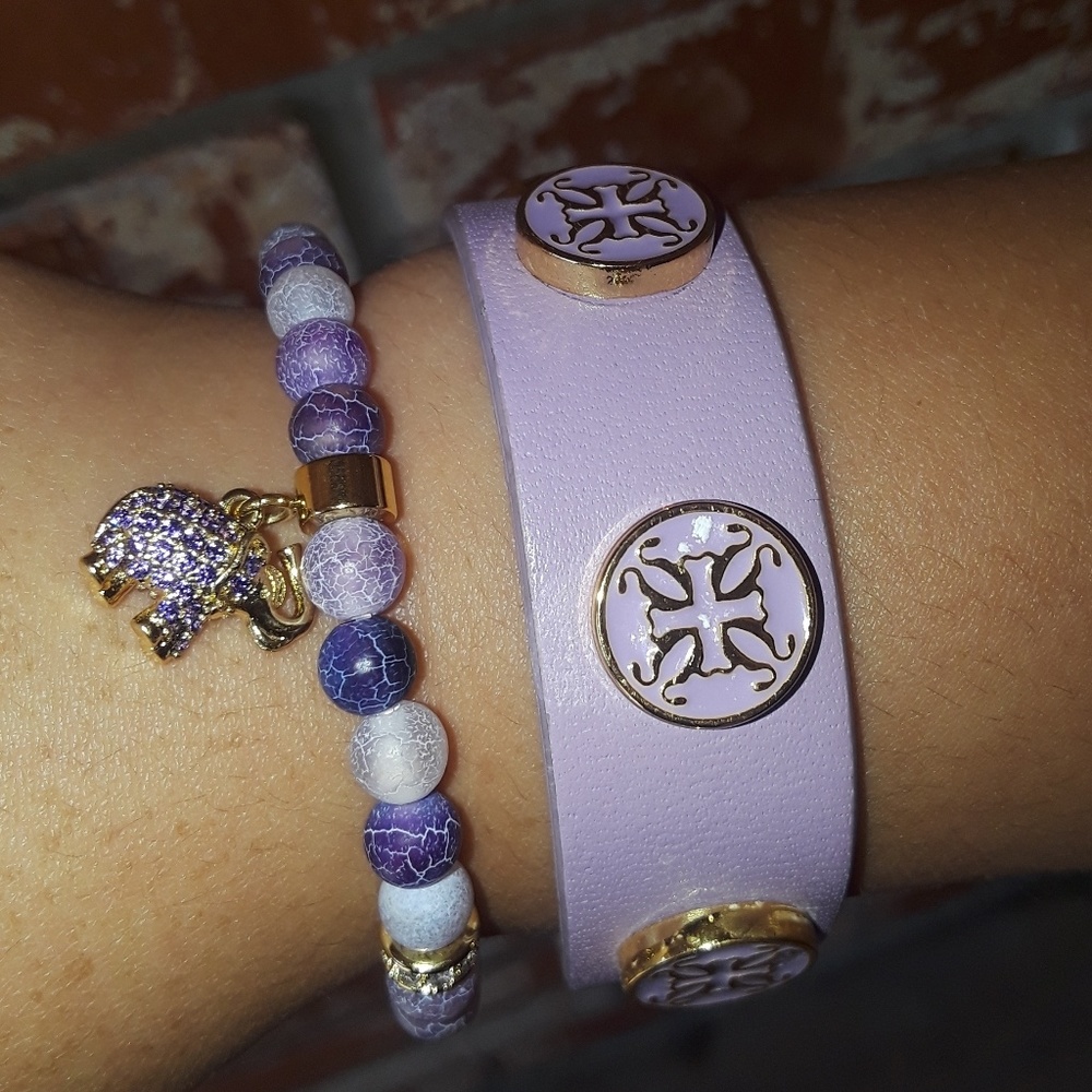 Two Rustic Cuffs elephant charm and light purple